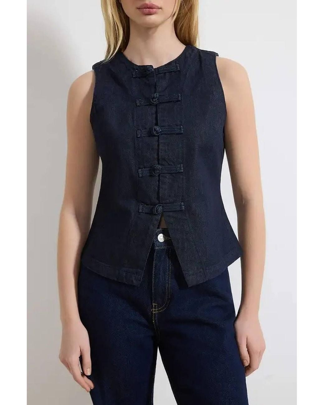 WOVCOR Blue Fitted Cotton Denim Vest W/ Button Detail Sleeveless