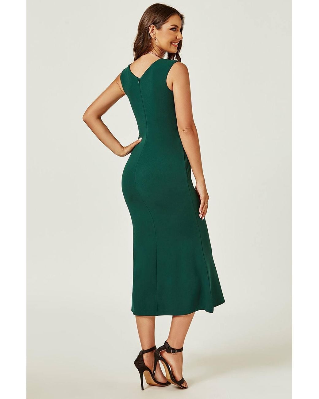 FS Collection Green Bardot Pleated Occasion Midi Dress