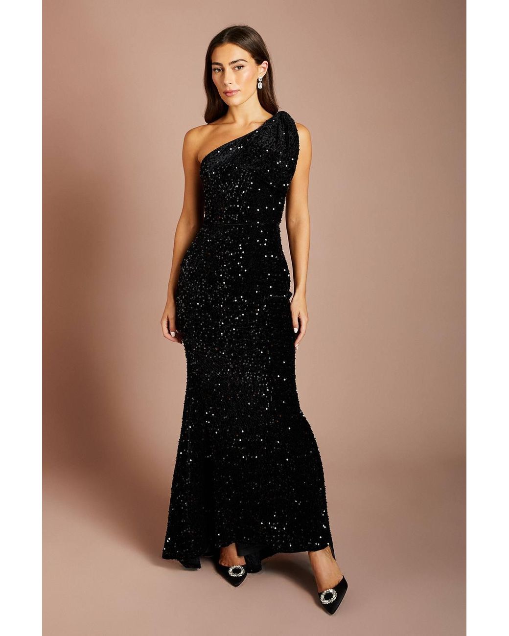 Coast Black Bow One Shoulder Velvet Sequin Maxi Dress