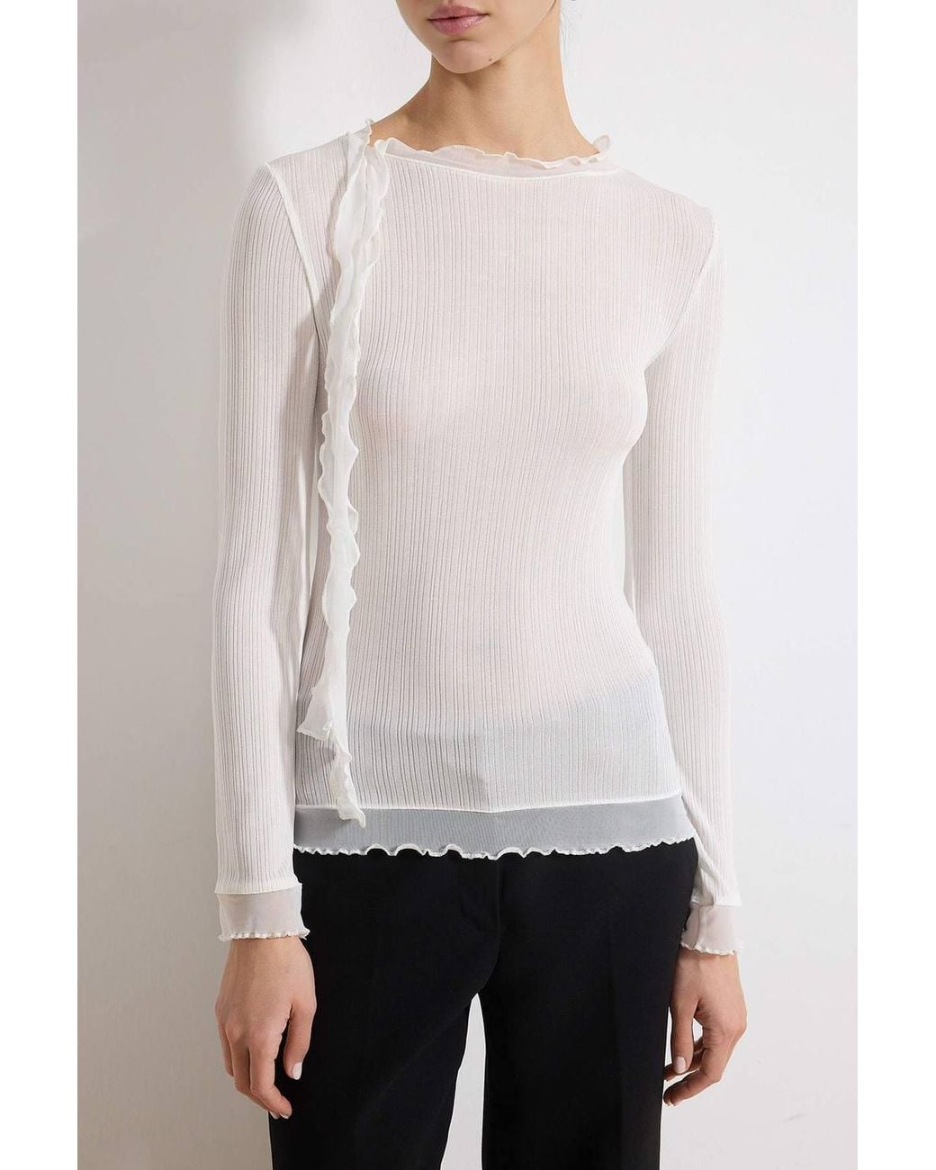 WOVCOR White Transparent Fitted Long Sleeve Frill Detail Textured Knit Blouse