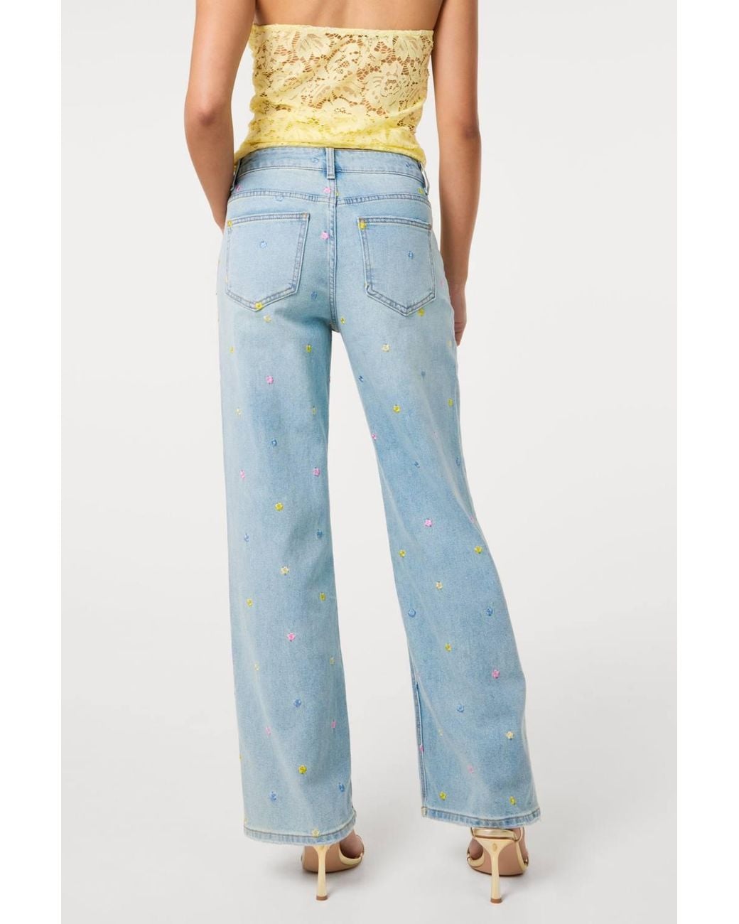 Pink Vanilla Blue Allover Embroidered Flower Wide Leg Jeans