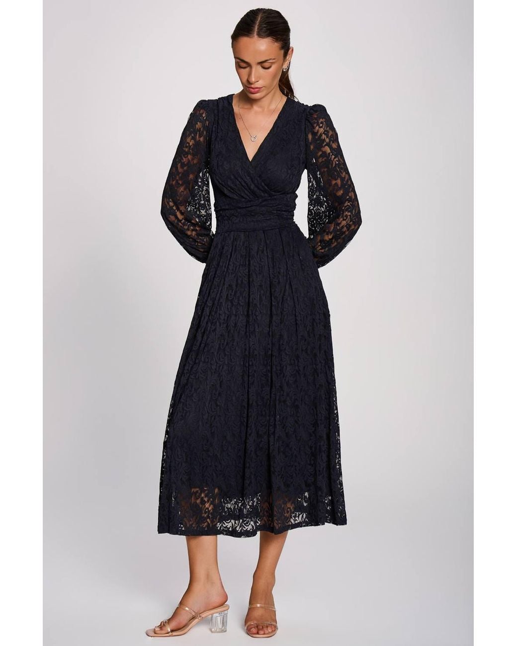 Jolie Moi Blue Long Sleeve Printed Lace Maxi Dress