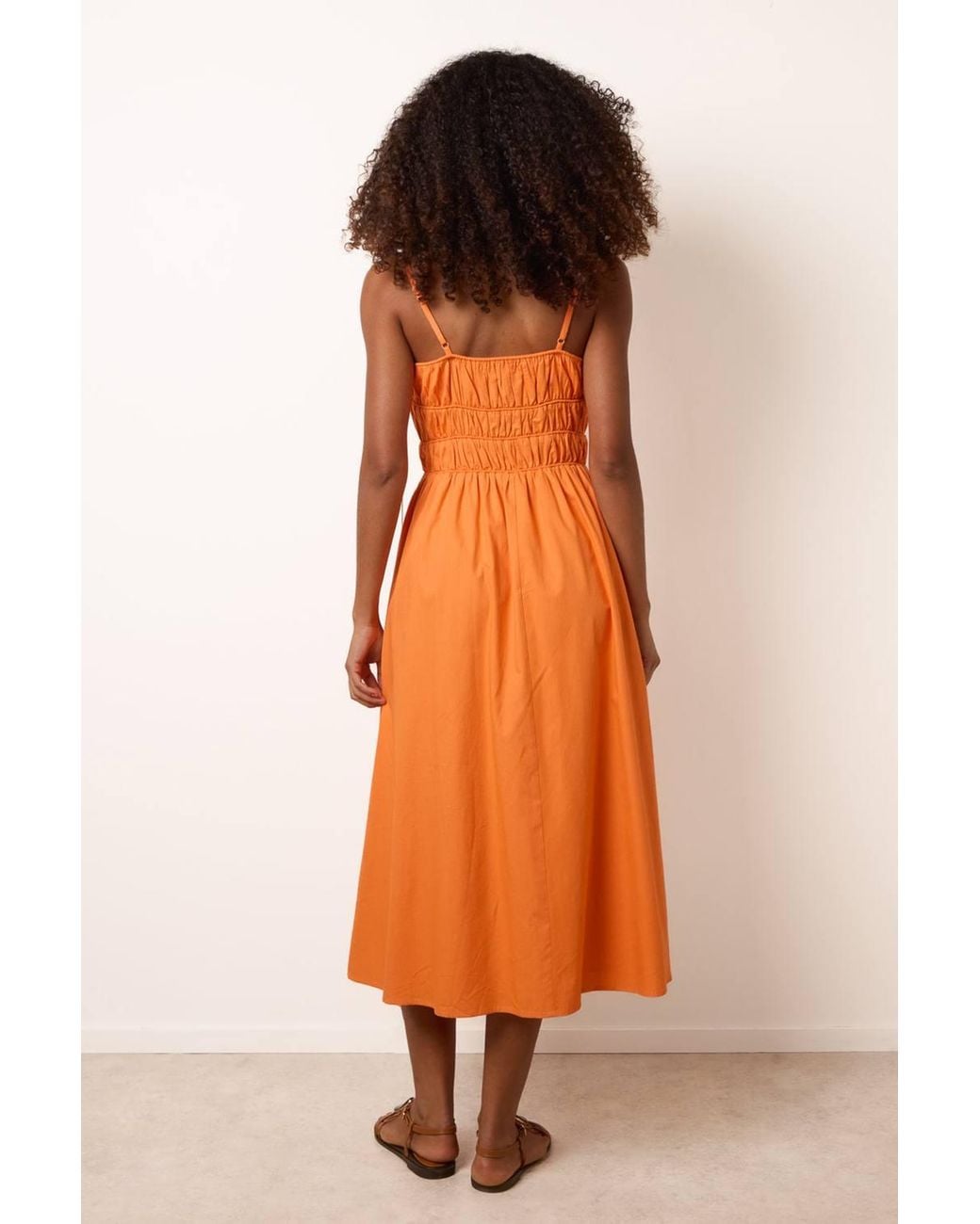 Blue Vanilla Orange Shirred Waist Sleeveless Square Midi Dress