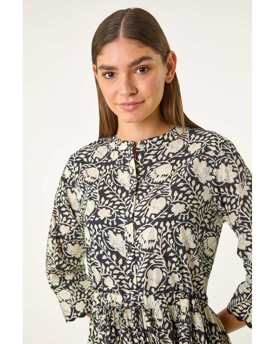 Roman Black Floral Frill Buttoned Shirt Dress