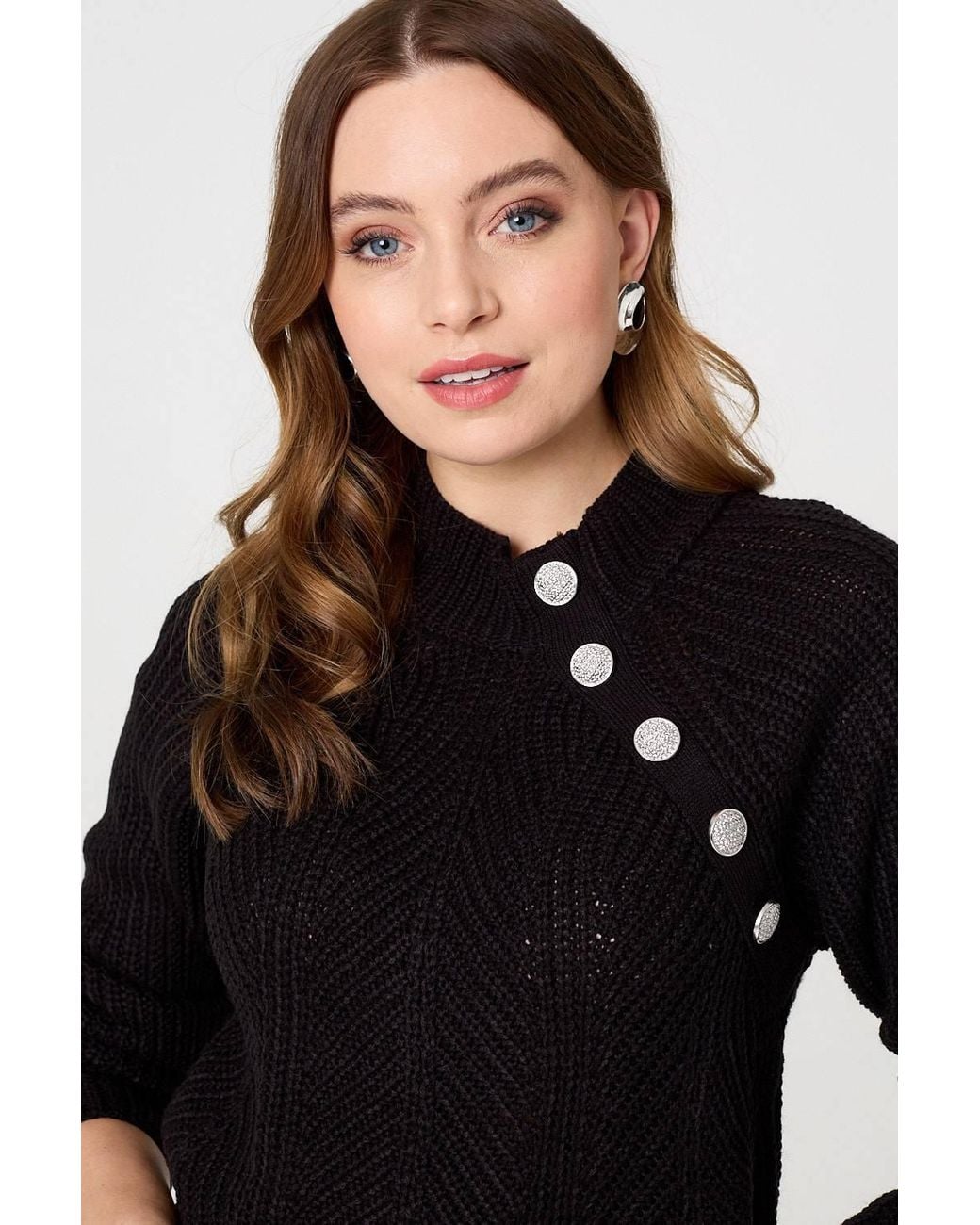 Izabel London Black Textured Knit Button Detail Jumper