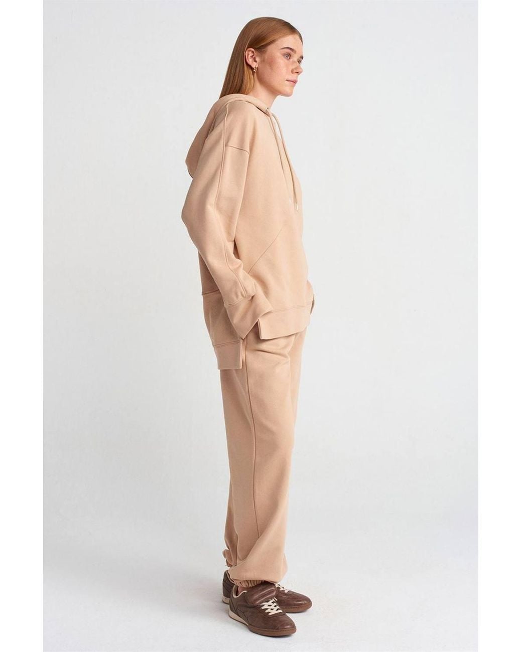 Dilvin Natural Oversized Cotton Hooded Sweatshirt With Slit