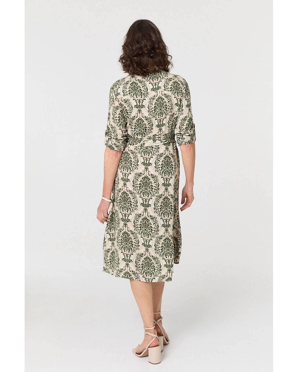 Izabel London Green Baroque Print Tie Waist Midi Shirt Dress