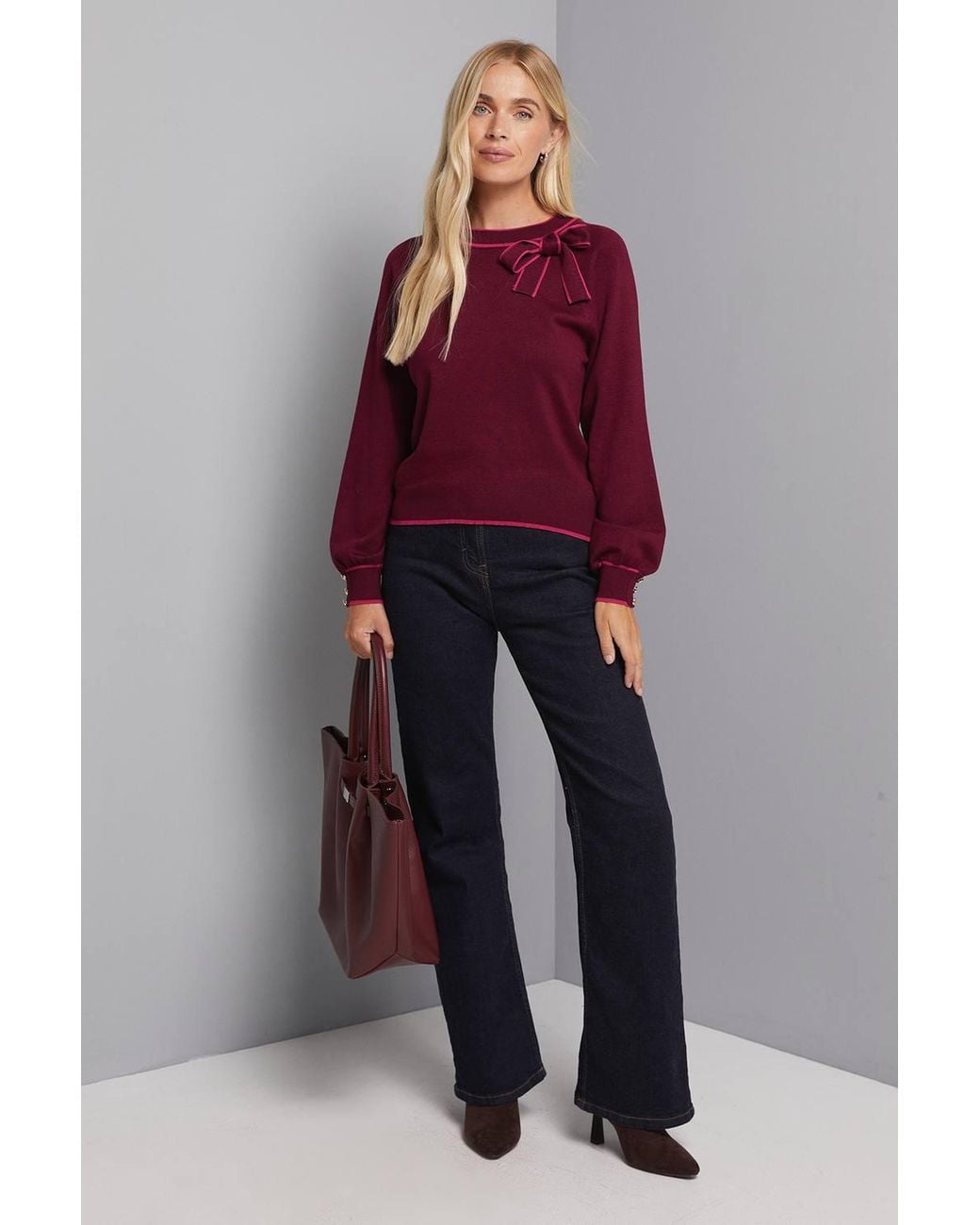 Wallis Red Petite Tipped Bow Neck Sweater