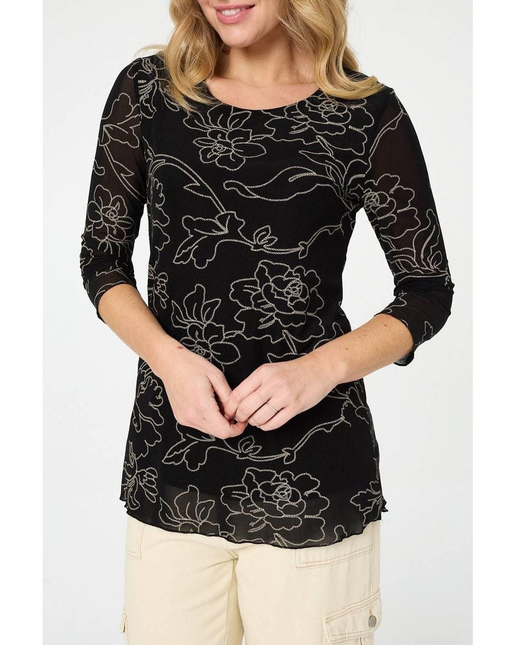 Izabel London Black Floral Print Semi Sheer Layered Top