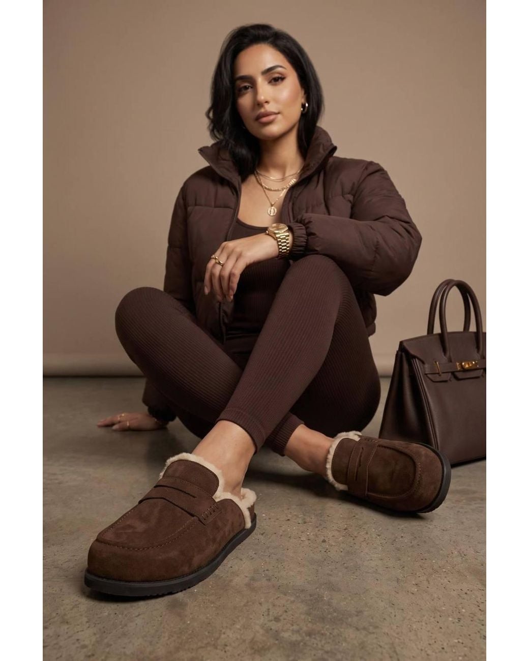 Miss Diva Brown Alviera Fur Detail Backless Mule Loafer Slippers
