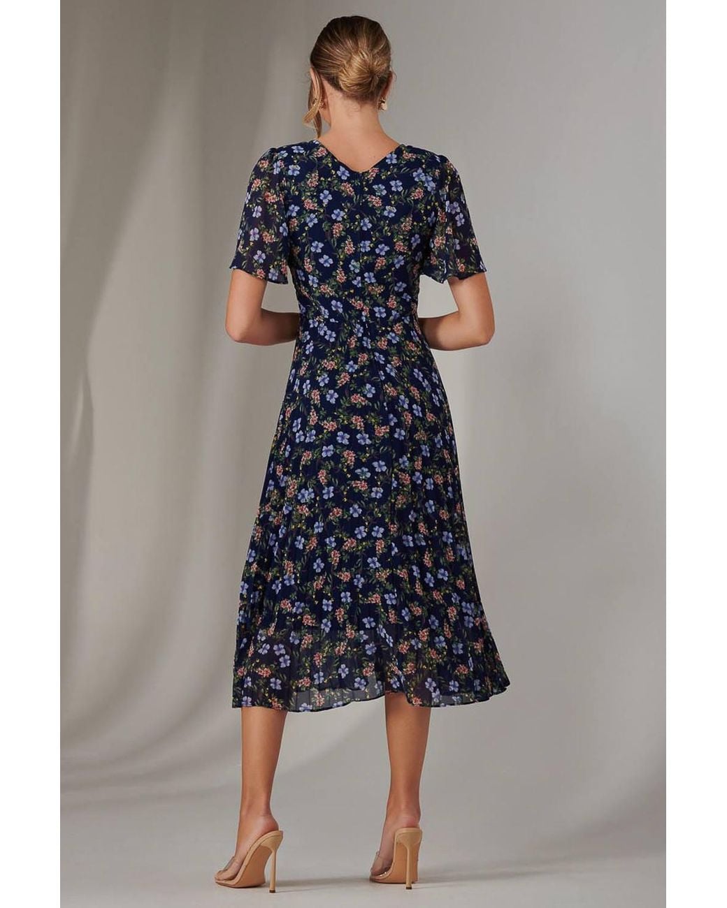 Jolie Moi Blue Chiffon Pleated Wrap Midaxi Dress
