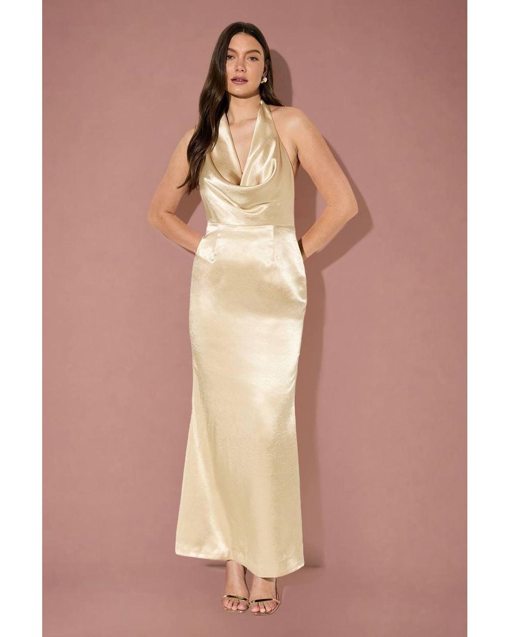 MissPap Natural Premium Plunge Cowl Open Back Satin Maxi Dress