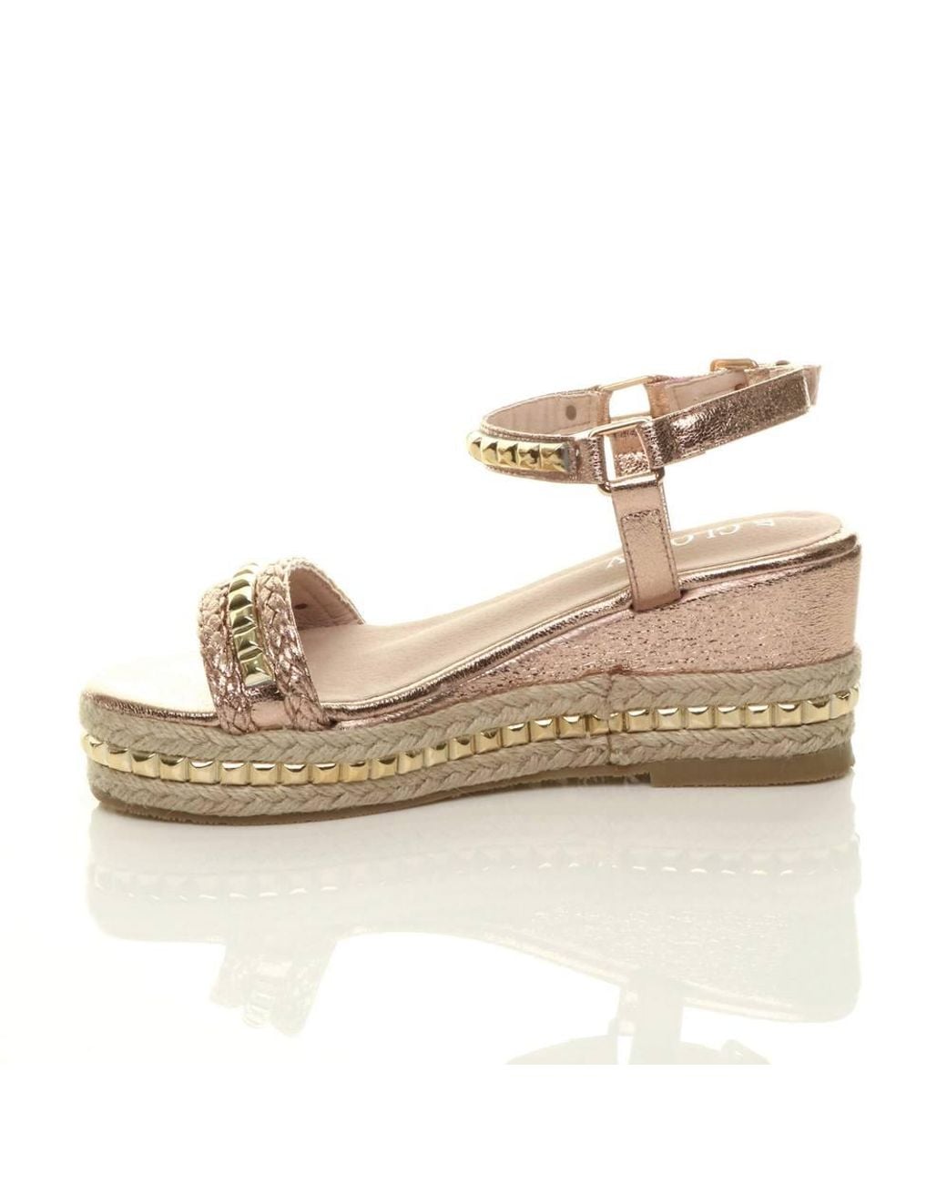 AJVANI Metallic Mid Wedge Heel Studded Flatform Sandals Espadrilles