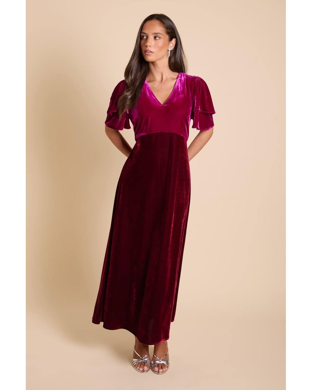 Dorothy Perkins Red Dp Luxe Velvet Double Flutter Colour Block Midi Dress