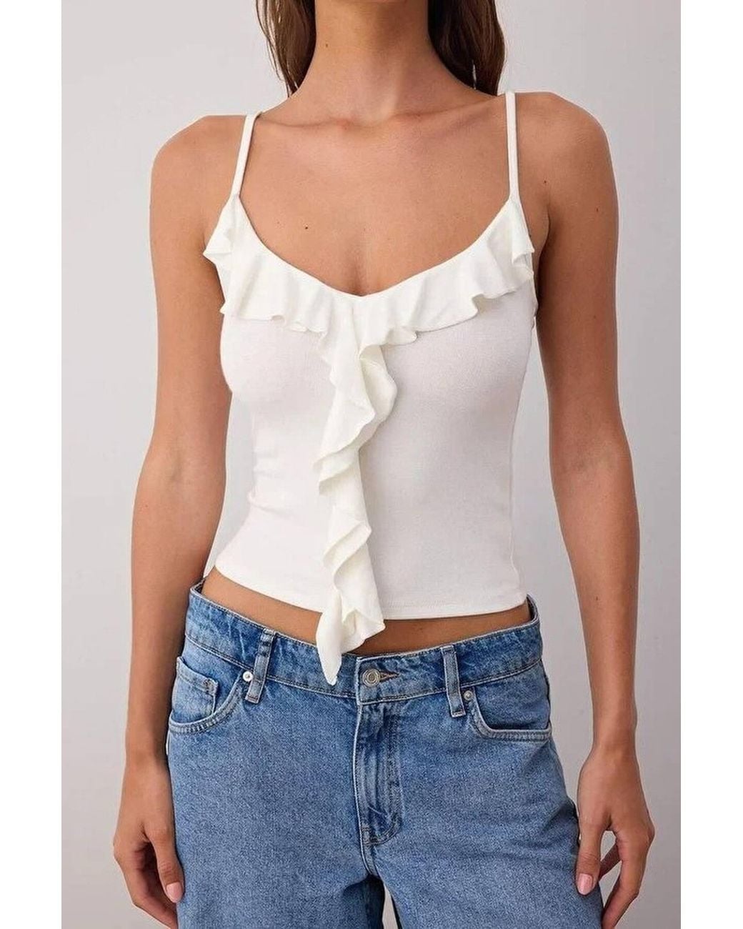 WOVCOR Blue Strappy Frill Detail Fitted Sleeveless Ribbed Top