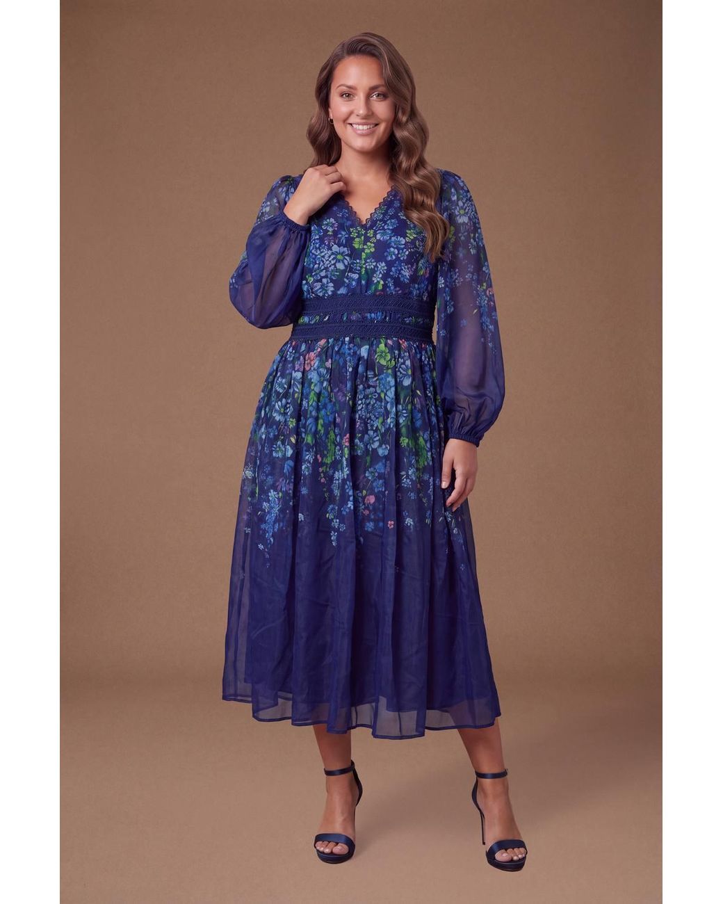 Coast Blue Plus Size Organza Floral Placement Lace Trim Midaxi Dress