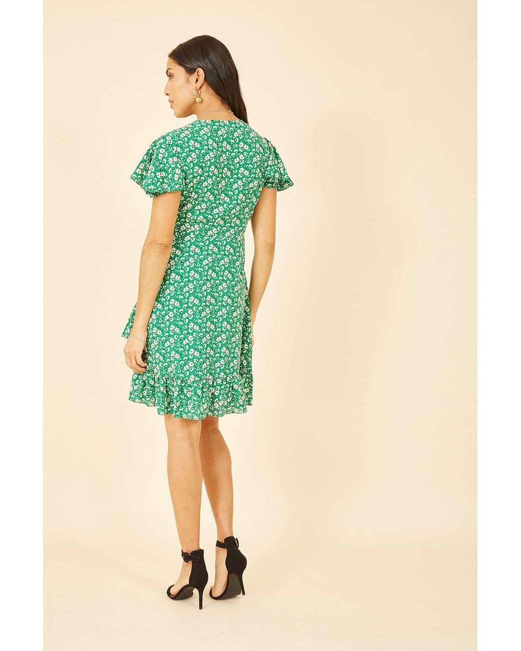 Yumi' Green Ditsy Floral Wrap Frill Dress