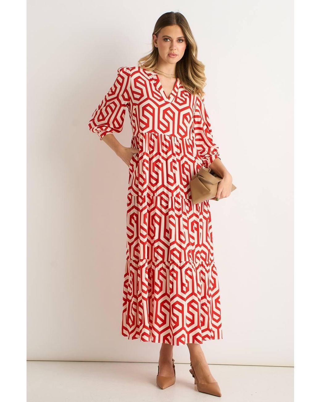 Gini London Red Geo Print Smock Maxi Dress
