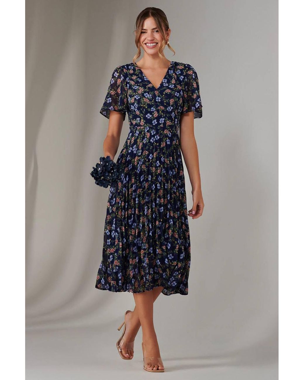 Jolie Moi Blue Chiffon Pleated Wrap Midaxi Dress