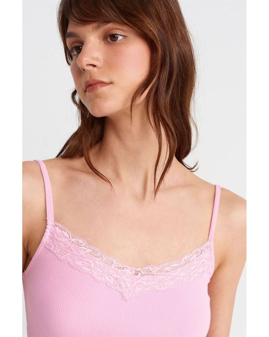 Dilvin Pink Slim Fit Lace Knit Cami Blouse