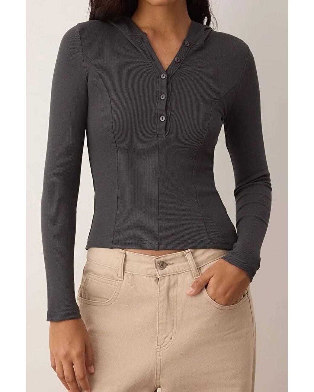 WOVCOR Black Ribbed Button Front Hooded Stretch Knit Blouse