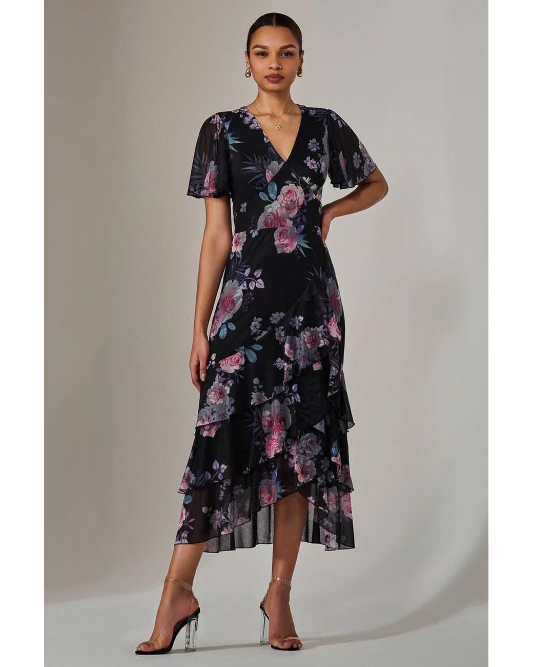 Jolie Moi Black Mesh Print Frill Hem Midaxi Dress