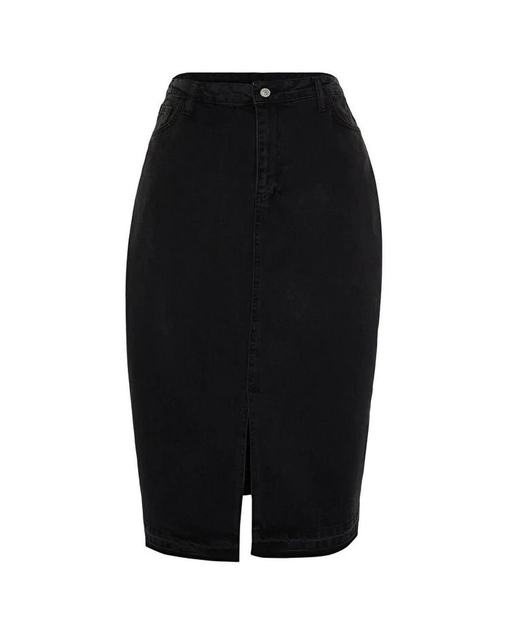 WOVCOR Black High Waist Denim Midi Skirt W/ Front Slit & Slim Fit