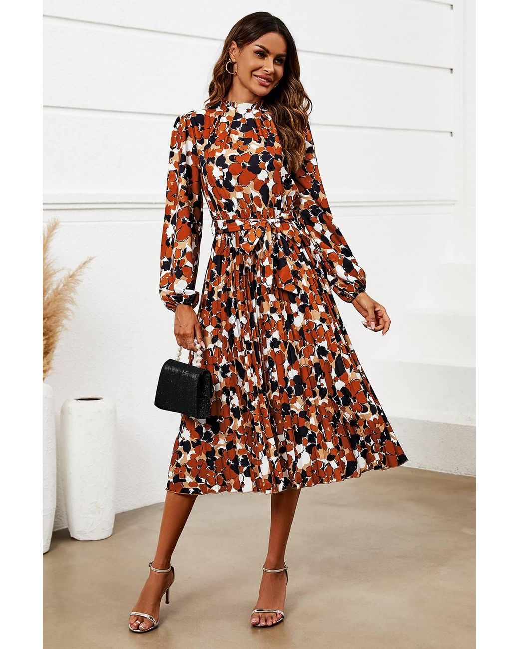 FS Collection White Floral Print High Neck Long Sleeve Midi Dress