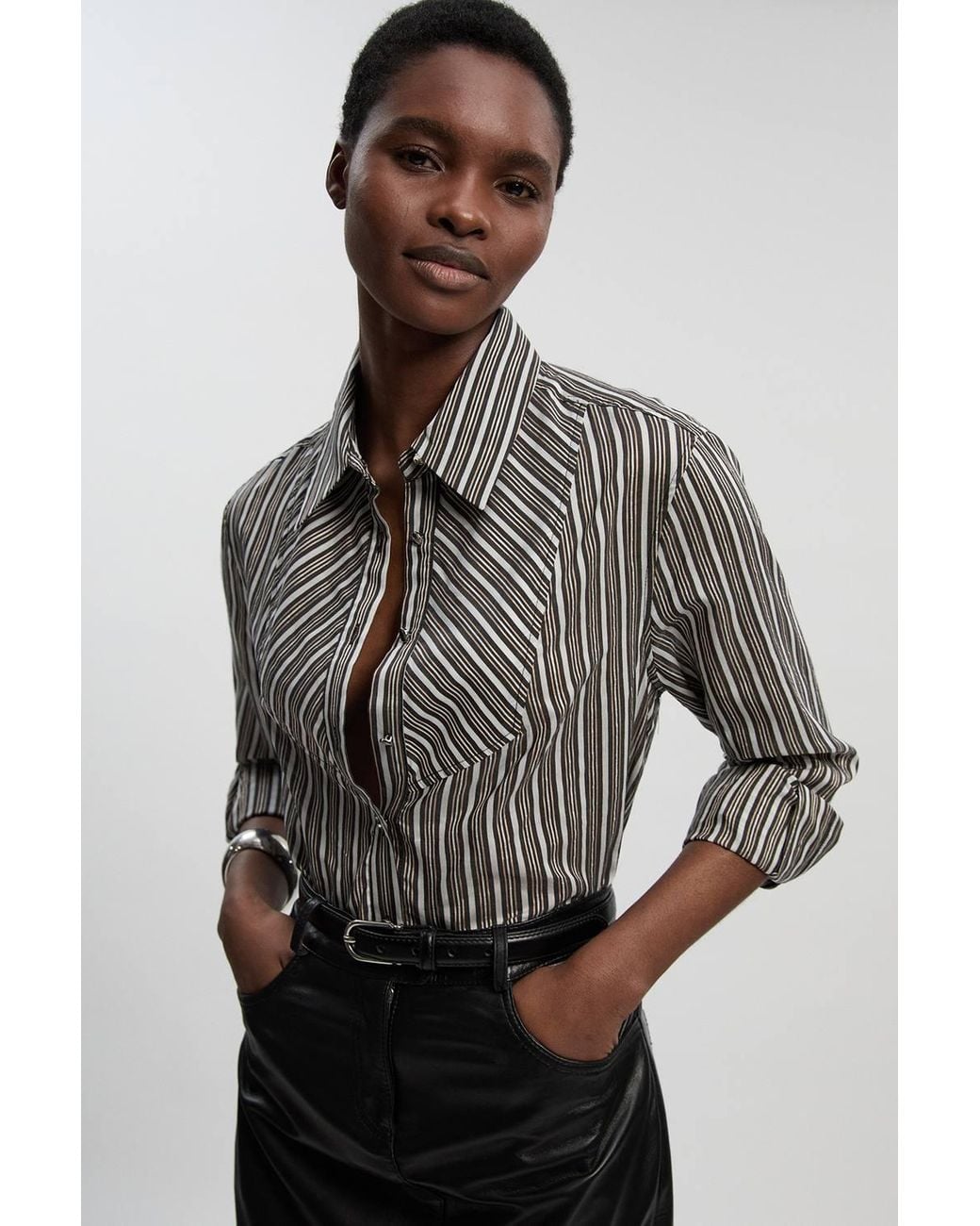Karen Millen Gray Poplin Stripe Bib Woven Shirt