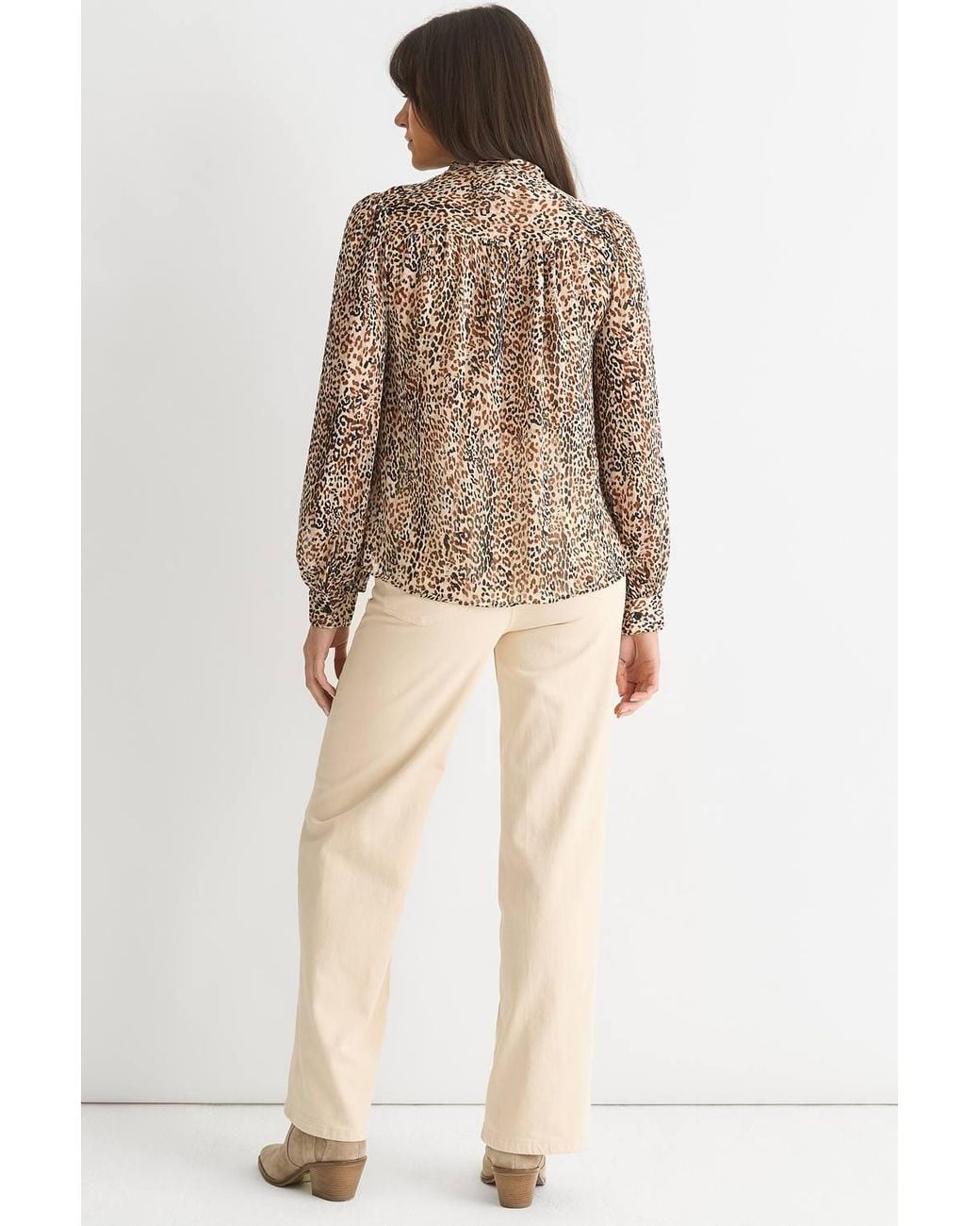 Gini London Natural Animal Print Long Sleeves Tie Neck Blouse