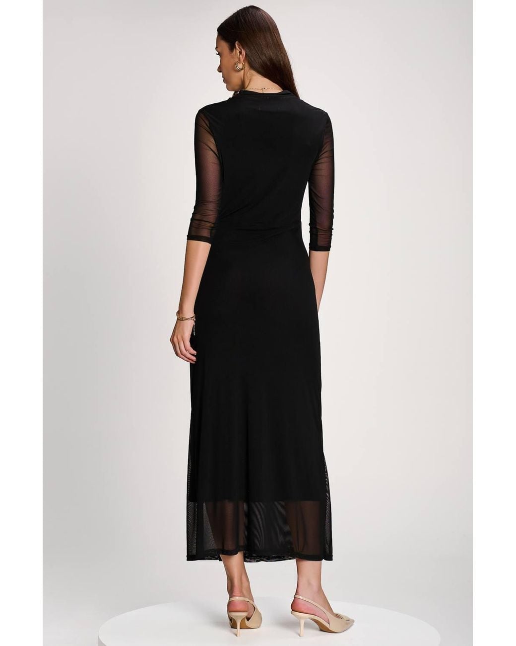 Jolie Moi Black High Neck 3/4 Sleeve Mesh Maxi Dress