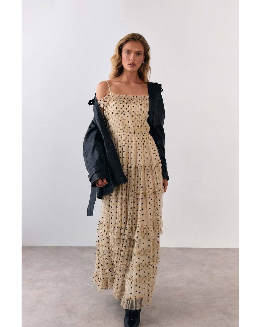 Warehouse Natural Bardot Gathered Seam Detail Tulle Maxi Dress