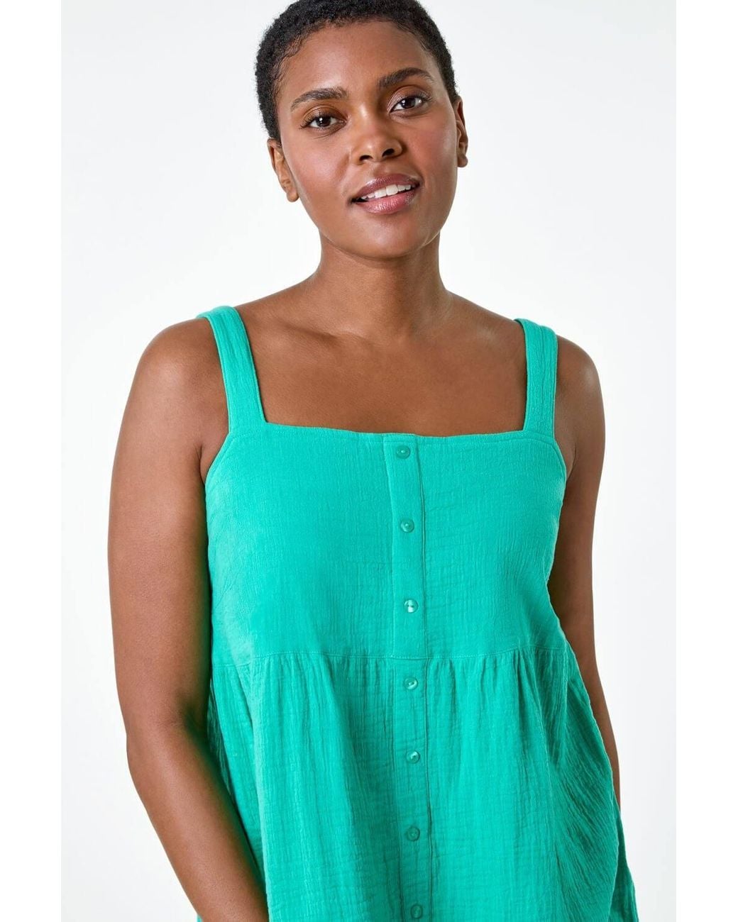 Roman Blue Cotton Button Through Shirred Vest Top