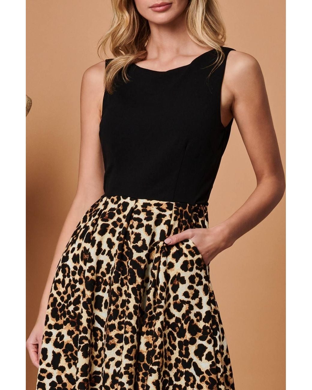 Jolie Moi Brown Two Tone Contrast Print Midi Dress
