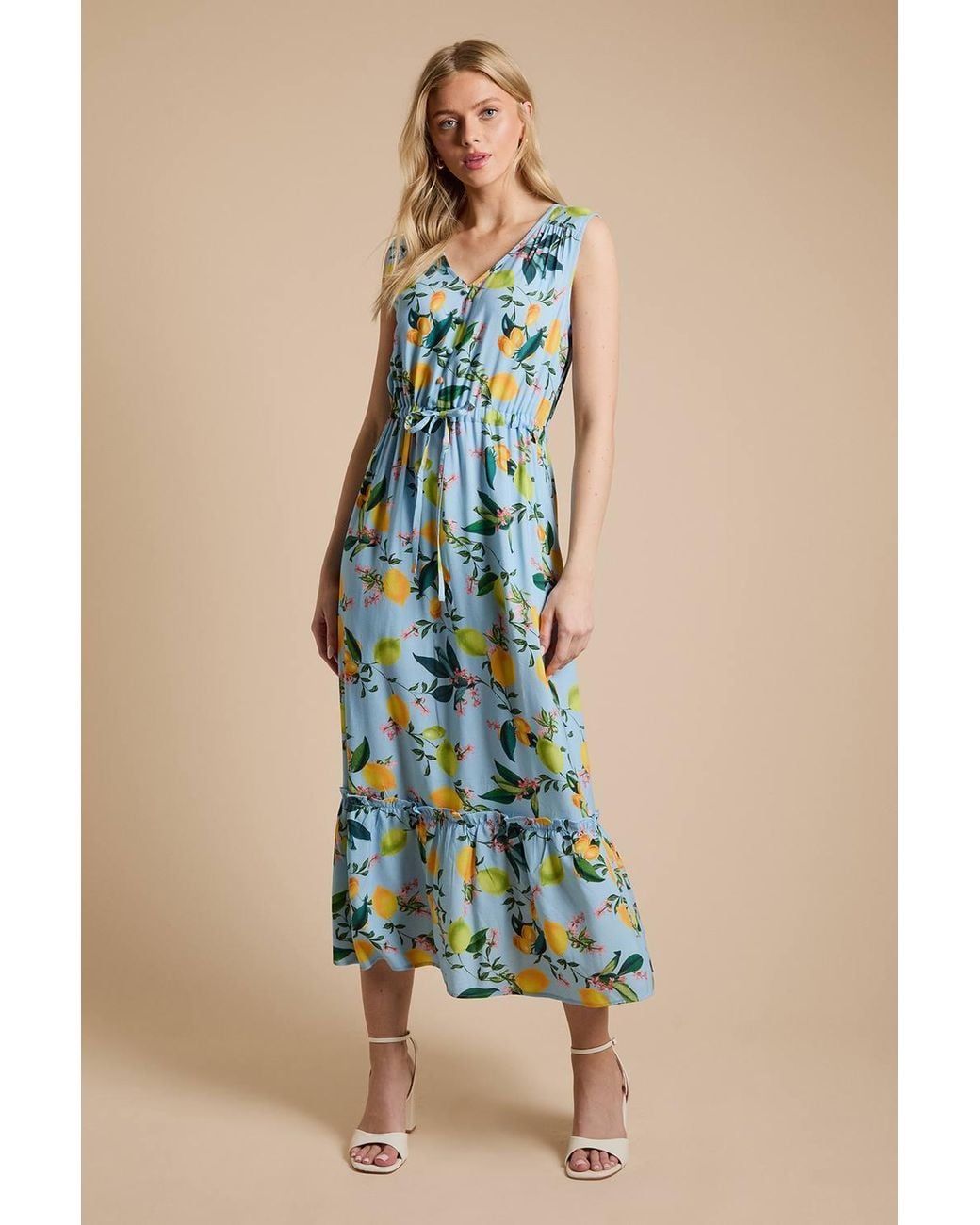 Dorothy Perkins Blue Lemon Sleeveless Drawstring Waist Tiered Maxi Dress