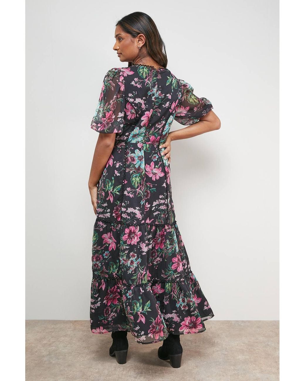 Oasis Multicolor Printed Square Neck Scallop Edge Puff Sleeve Midi Dress