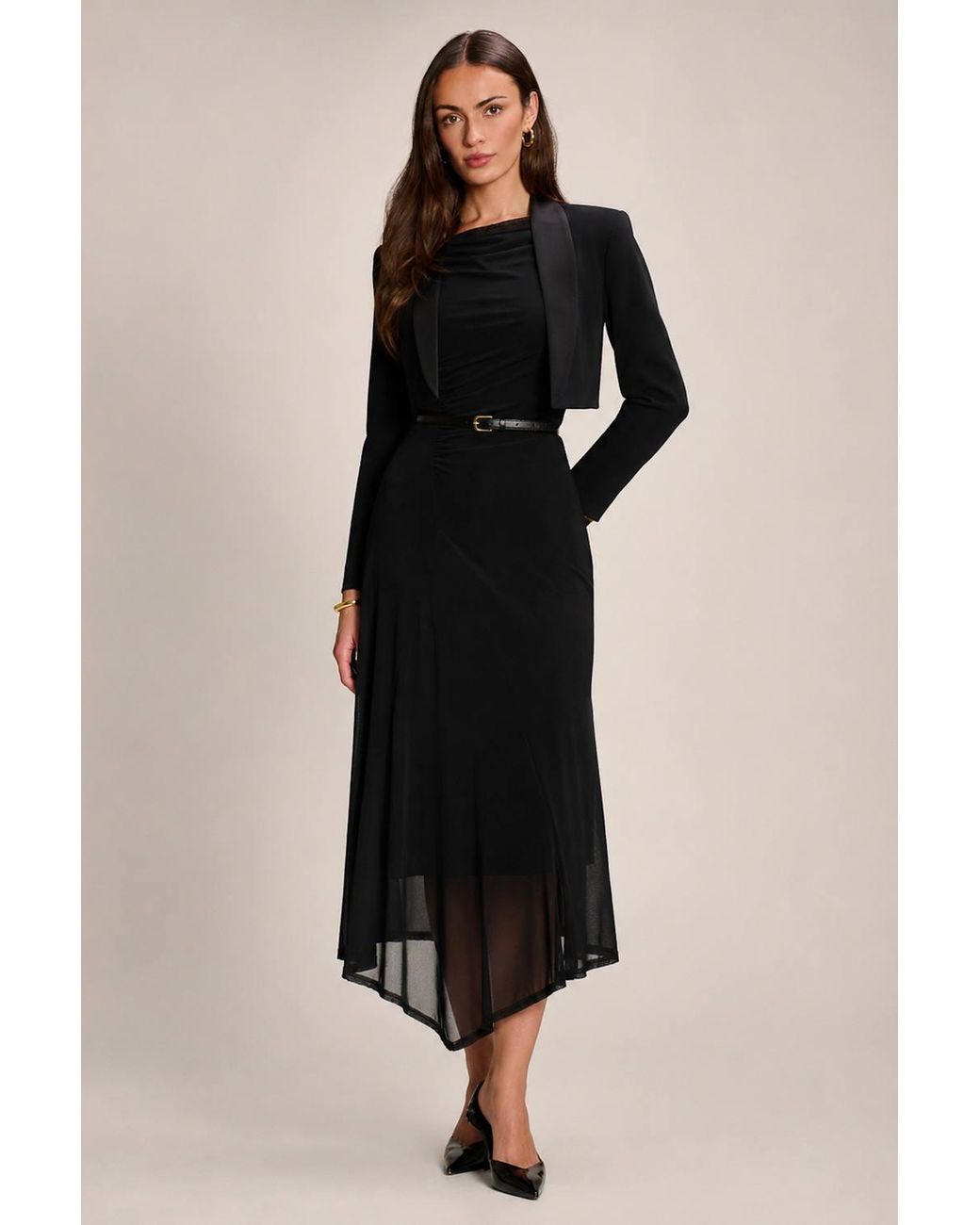 Jolie Moi Black Asymmetric Draped Mesh Maxi Dress