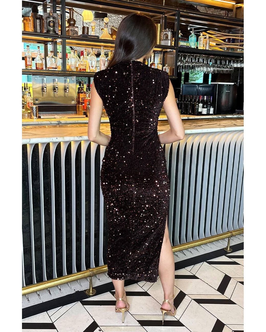 AX Paris Black Velvet Sequin Round Neck Midi Dress
