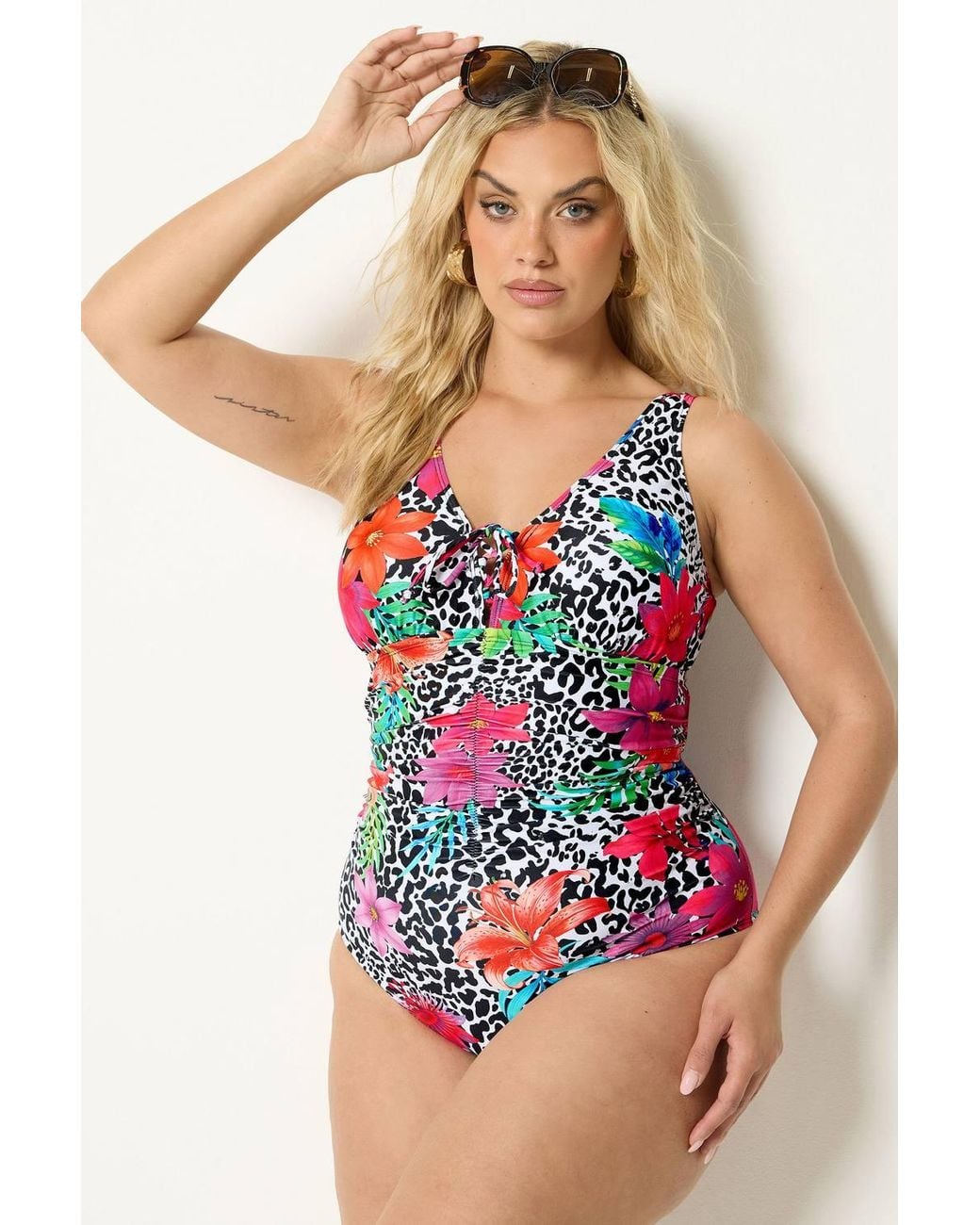 Yours Red Leopard Floral Lace Up Swimsuit
