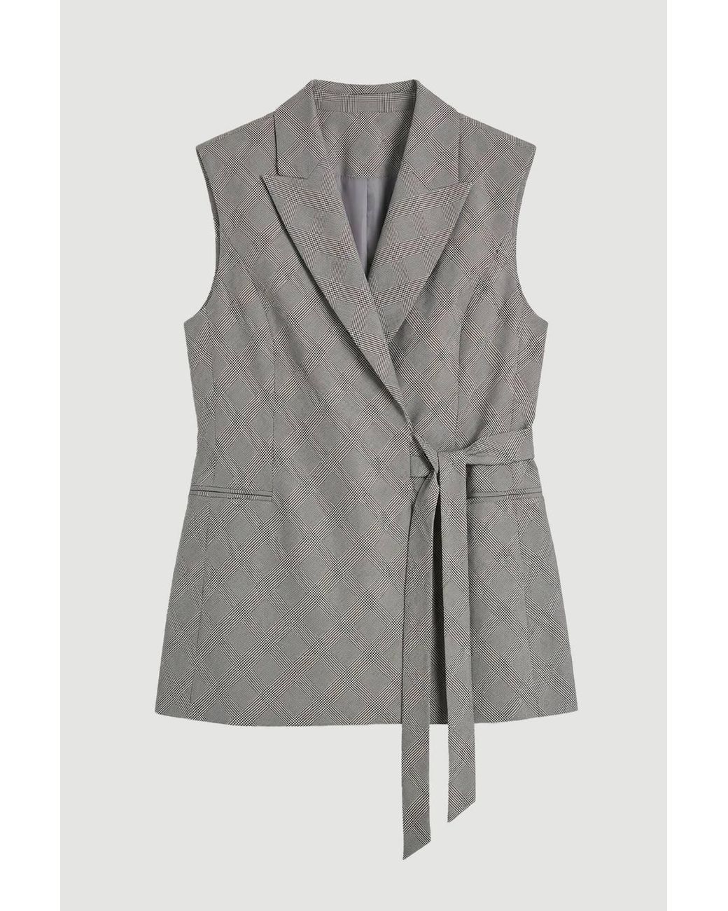 Karen Millen Gray Plus Size Soft Tailored Check Wrap Detail Sleeveless Blazer