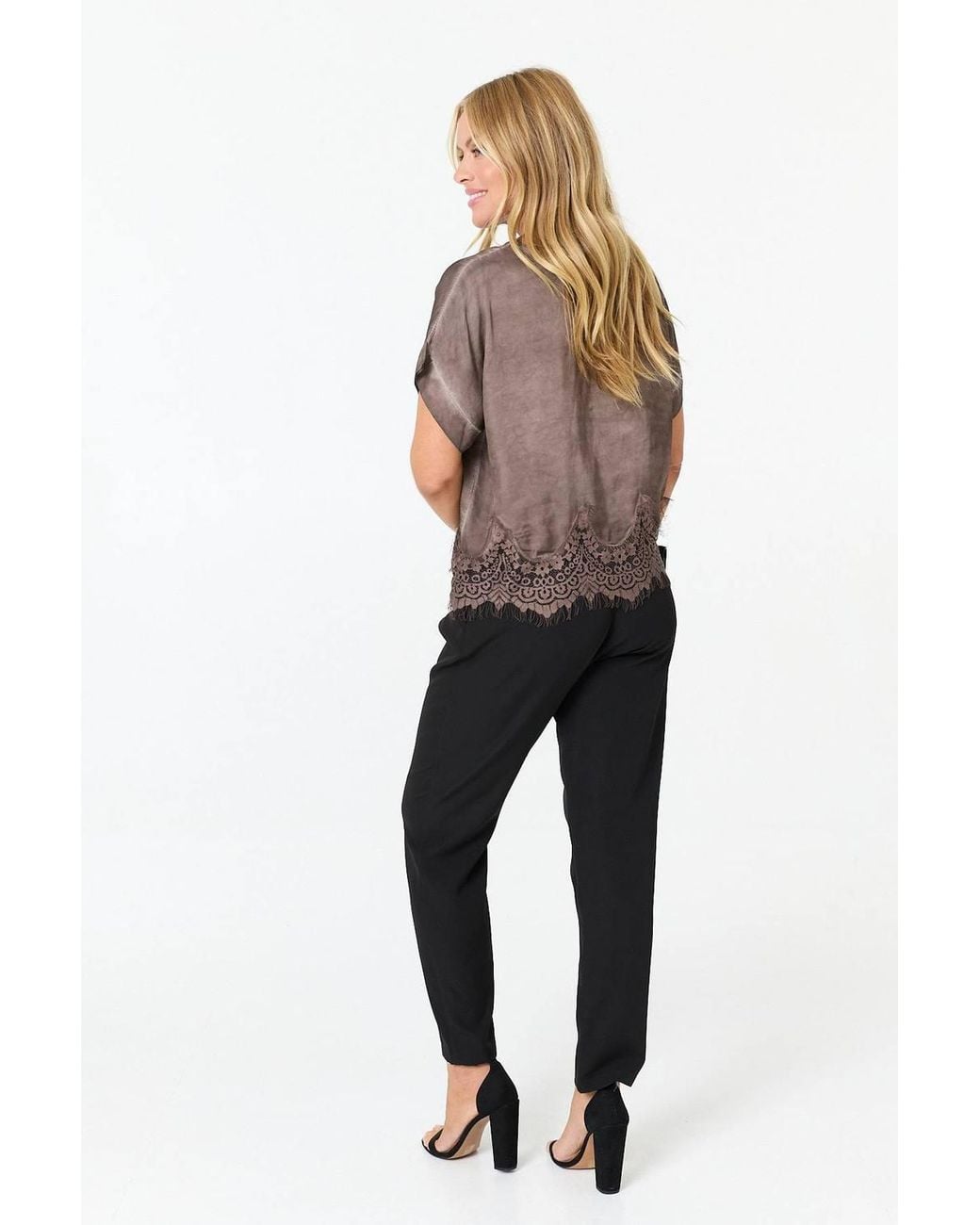 Izabel London Brown Lace Trim Relaxed Cap Sleeve Top