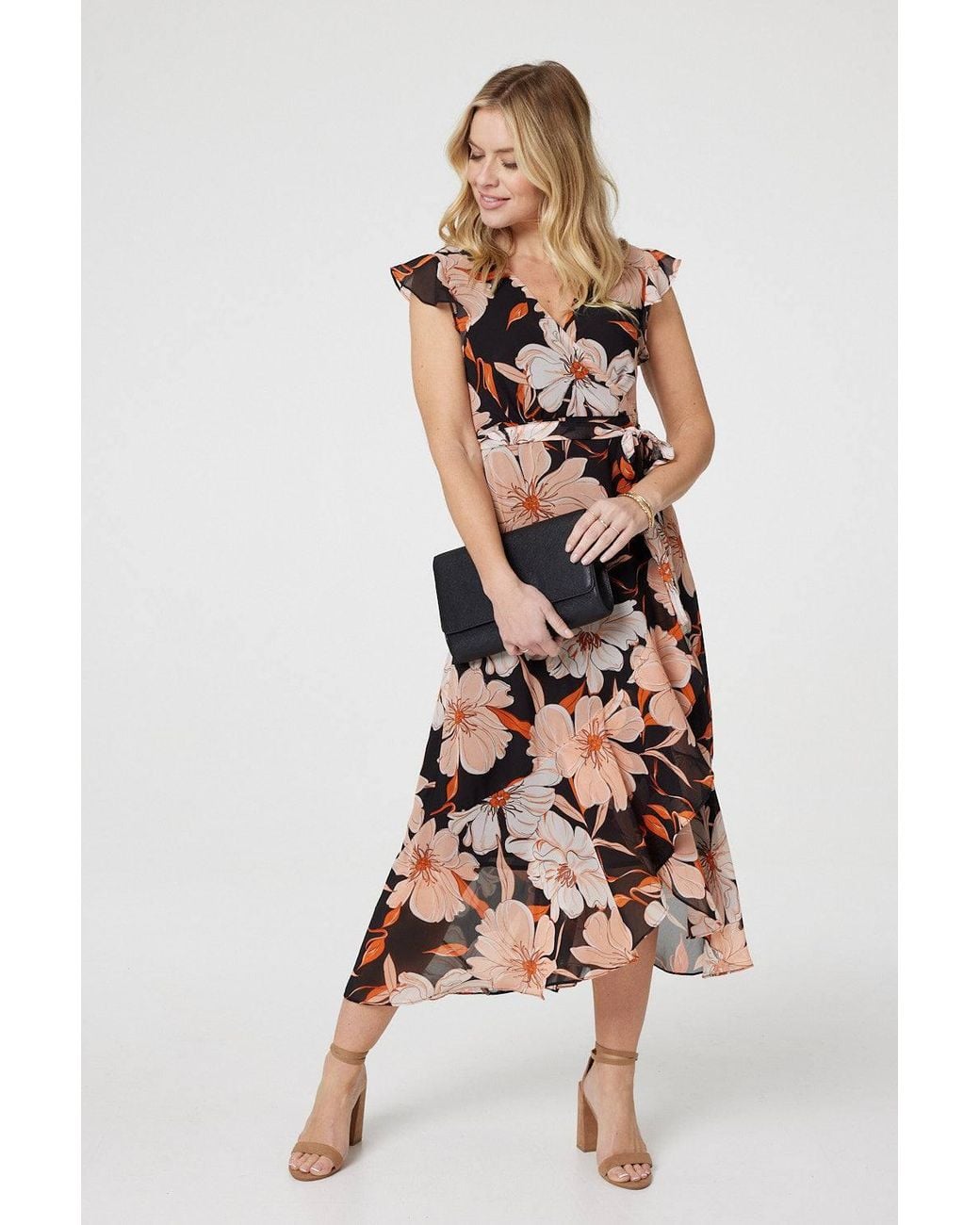 Izabel London Black Floral Frill Asymmetric Wrap Midi Dress