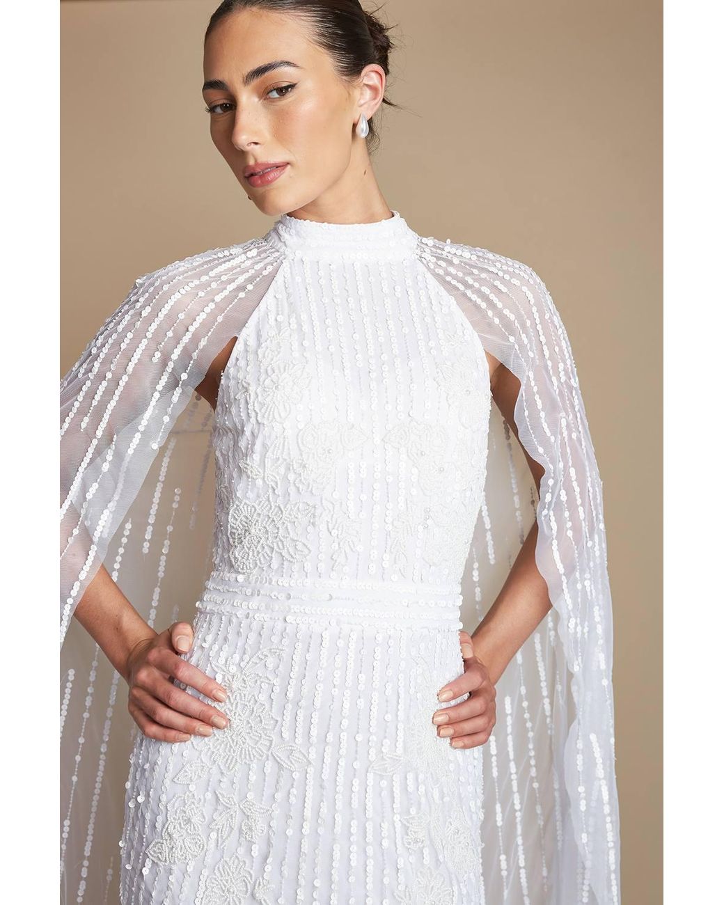 Coast Brown Linear Embellished Cape Detail Wedding Dress