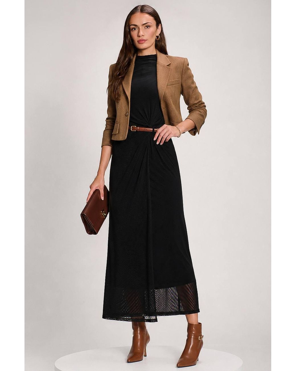 Jolie Moi Black High Neck 3/4 Sleeve Mesh Maxi Dress