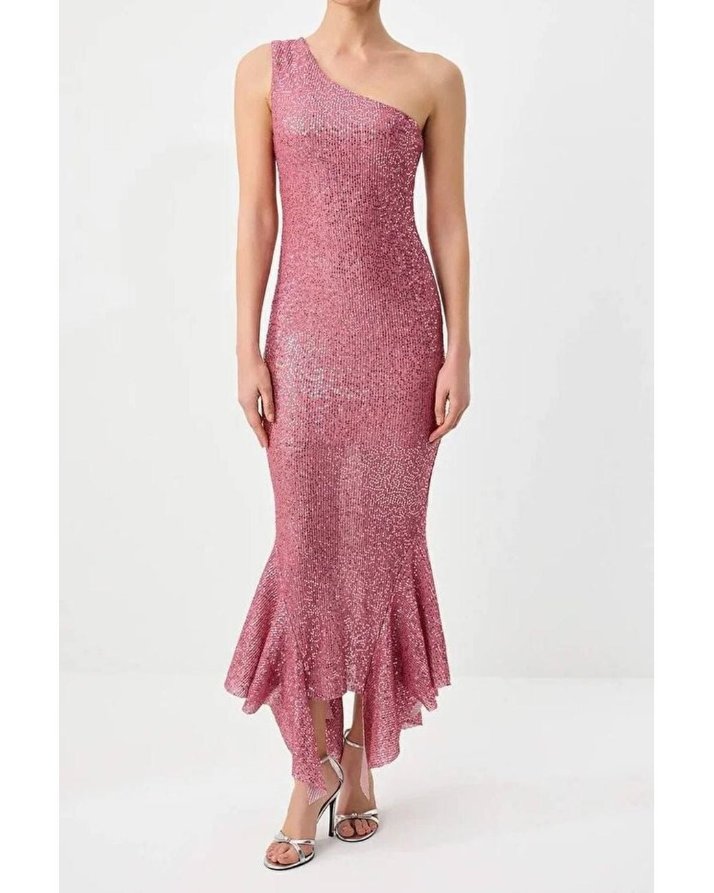 WOVCOR Pink Sequin Embellished Asymmetric One Shoulder Maxi Dress