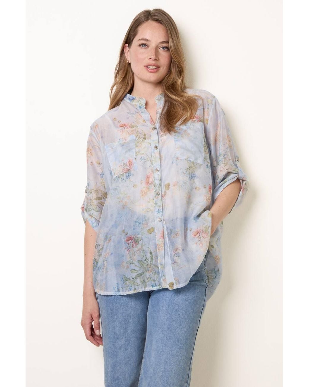 Blue Vanilla Blue Three Quarter Sleeve Button Up V-Neck Blouse