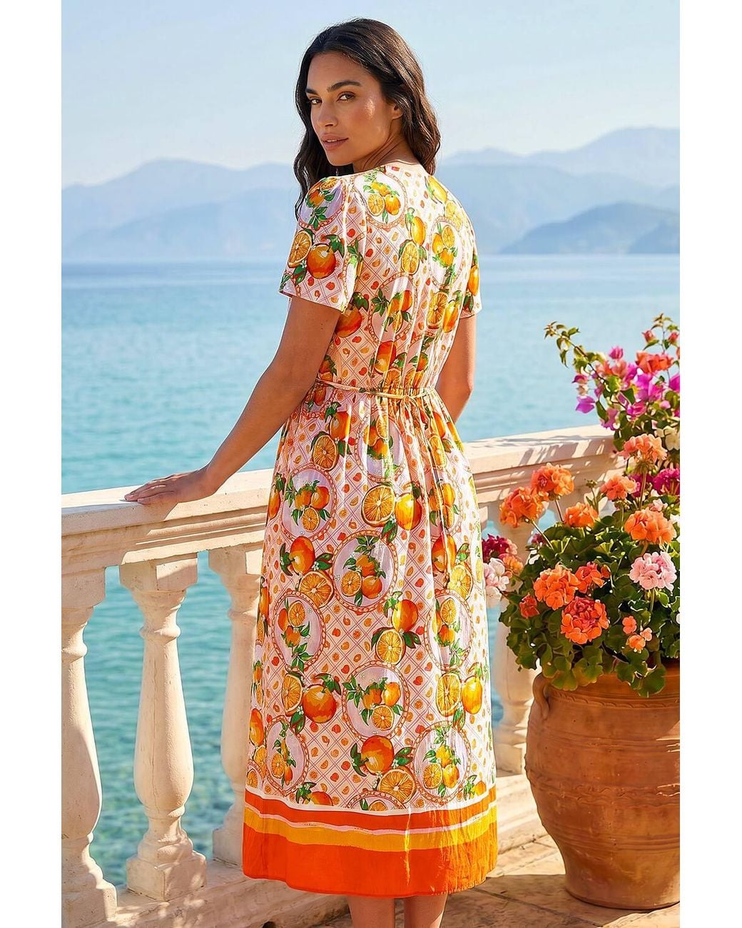 Roman Orange Fruit Print V-Neck Midi Dress