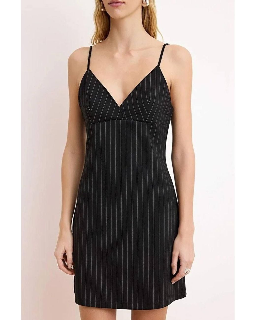 WOVCOR Black Pinstripe V Neck Mini A-Line Dress W/ Sleek Fit