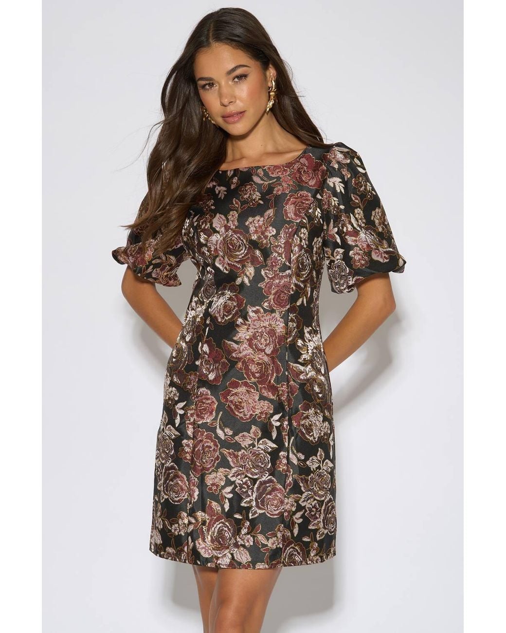 Gini London Brown Floral Jacquard Puff Sleeves Mini Dress