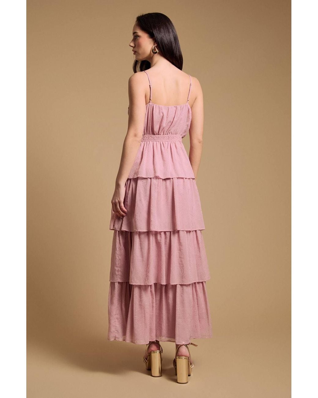 Oasis Pink Strappy Tiered Frill Midaxi Dress